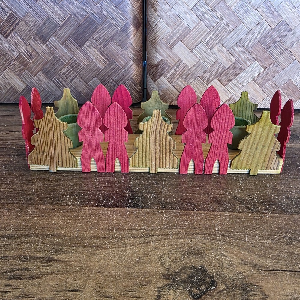 Scandinavian Sweden Christmas Red & Green Wooden Candle Holder Christmas Tree